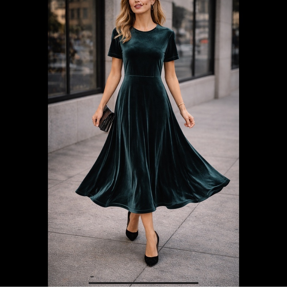 Talbots Velvet Midi Dress Emerald Green Petite Soft Stretch Holiday Evening